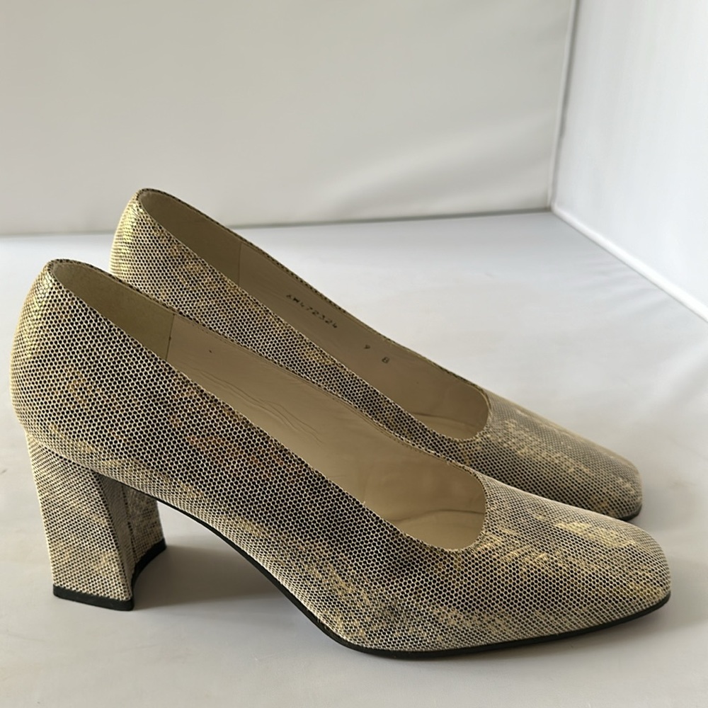 STUART WEITZMAN: Vintage 90s Champagne Faux Snakeskin Chunky Heels Size 9 (EEEE) - Picture 8 of 9